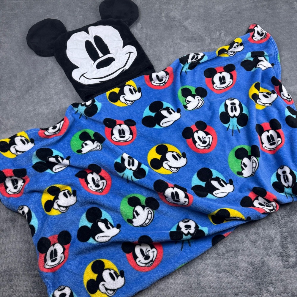 Disney Mickey Mouse Hooded Plush Fleece Throw Blanket Blue One Size 48x48